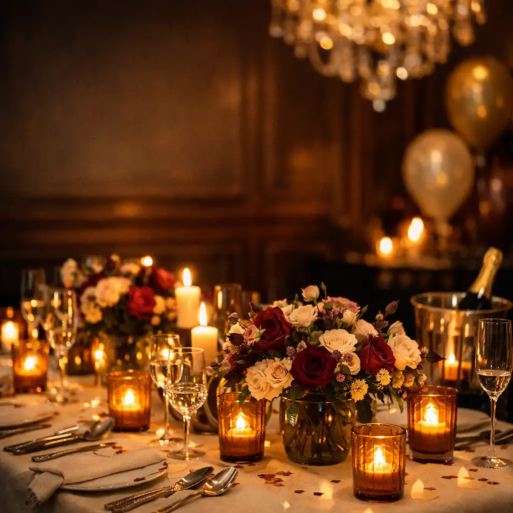 Table d'anniversaire élégante avec bougies, fleurs bordeaux et champagne dans un intérieur parisien