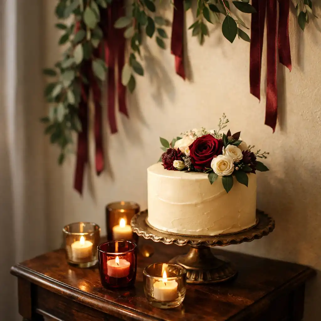 Détail de décoration d'anniversaire avec guirlandes de feuillage, rubans bordeaux et gâteau décoré de fleurs fraîches