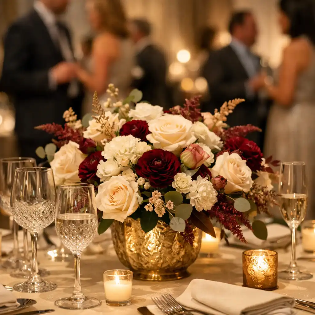 Détail d’une table de réception d’entreprise avec centre de table floral et lumière tamisée
