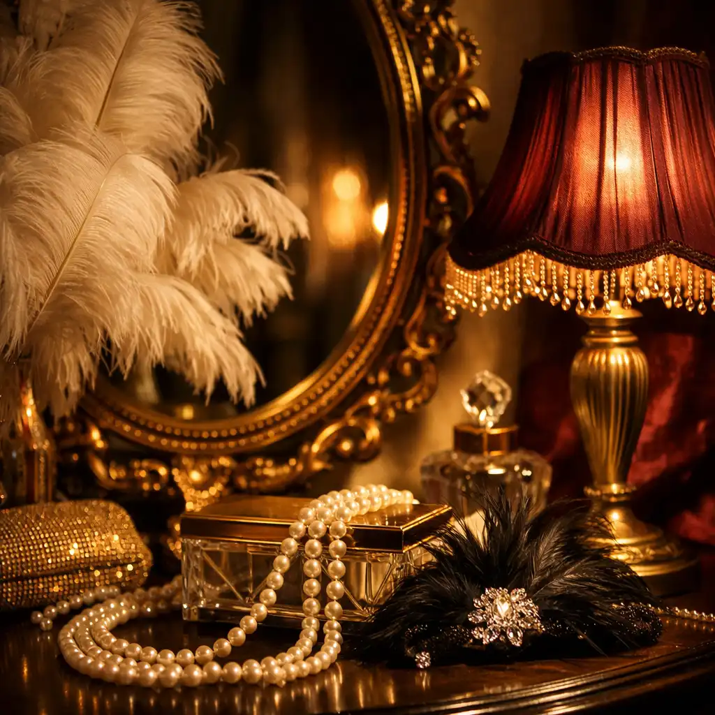 Détail de décoration Années folles avec coiffeuse vintage, miroir doré, plumes et collier de perles