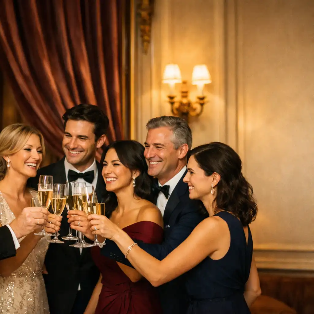 Groupe d’invités élégants trinquant avec des coupes de champagne lors d’une réception raffinée.