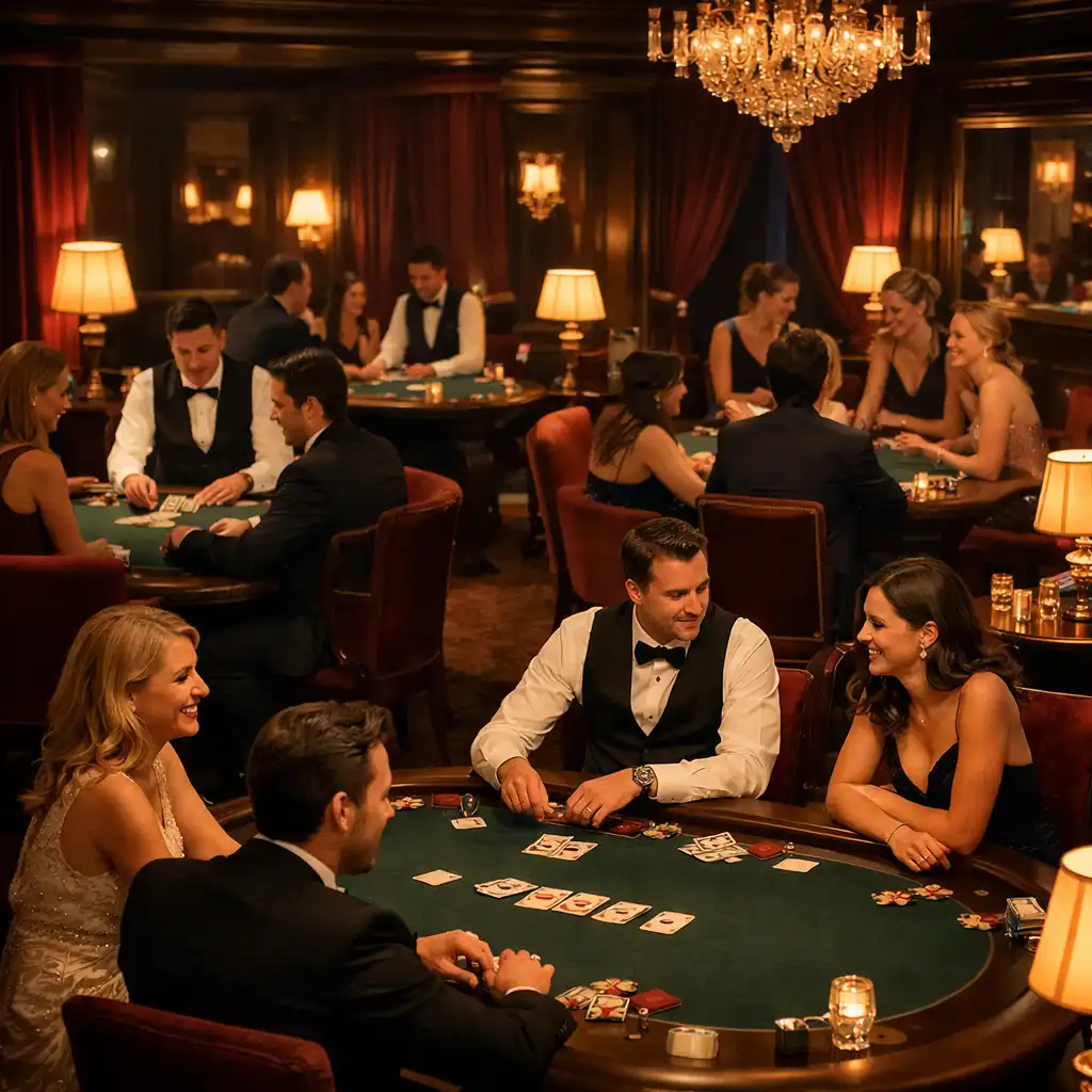Vue d’ensemble d’une soirée poker dans un salon privé avec plusieurs tables, invités en tenue de soirée et croupiers.