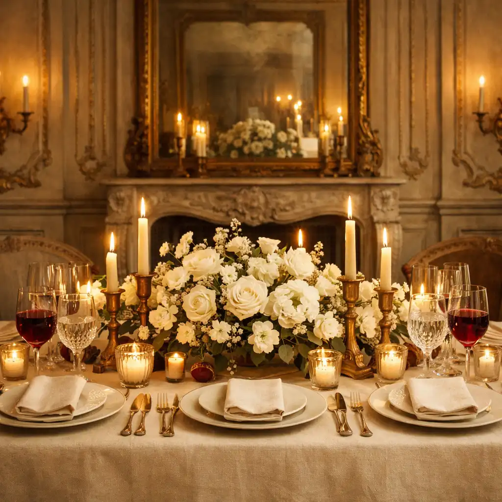 Table de réception décorée avec nappe en lin crème, centre de table fleuri et bougies dans un salon parisien.