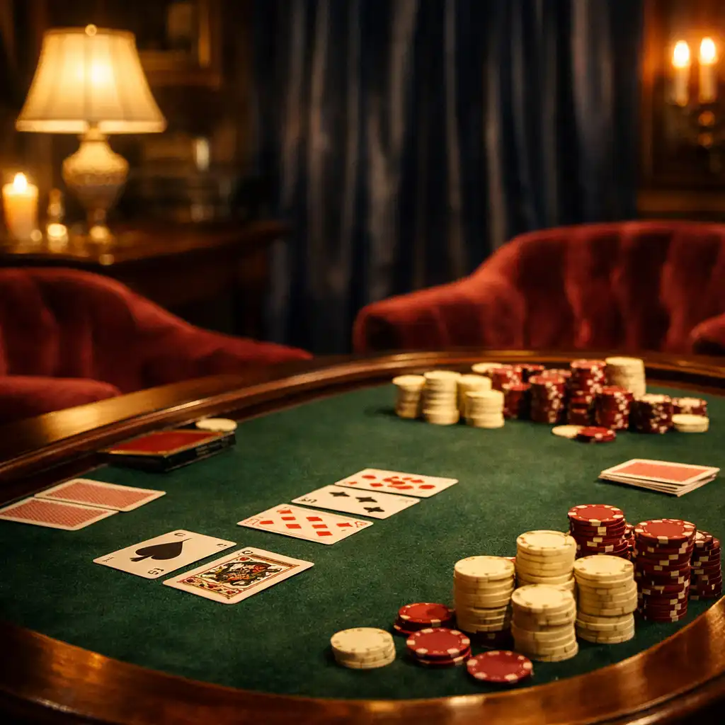 Table de poker élégante dans un salon parisien feutré, éclairée par des lampes chaleureuses