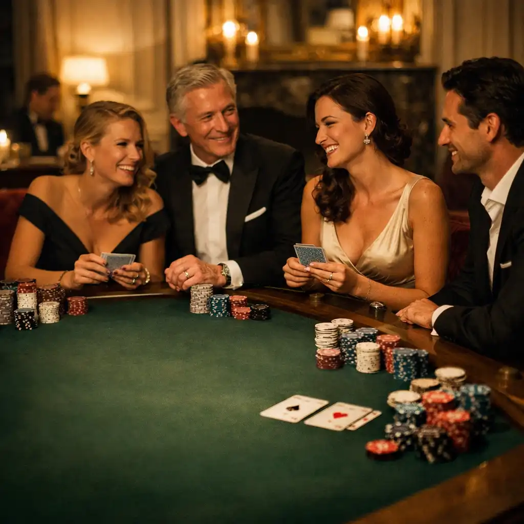 Salon parisien transformé en card-room privé avec une table de poker élégante, des invités en tenue de soirée et une lumière chaleureuse de bougies.