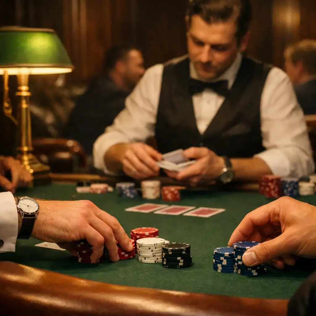 Mains de joueurs posant des jetons symboliques sur une table de poker, avec un croupier en arrière-plan
