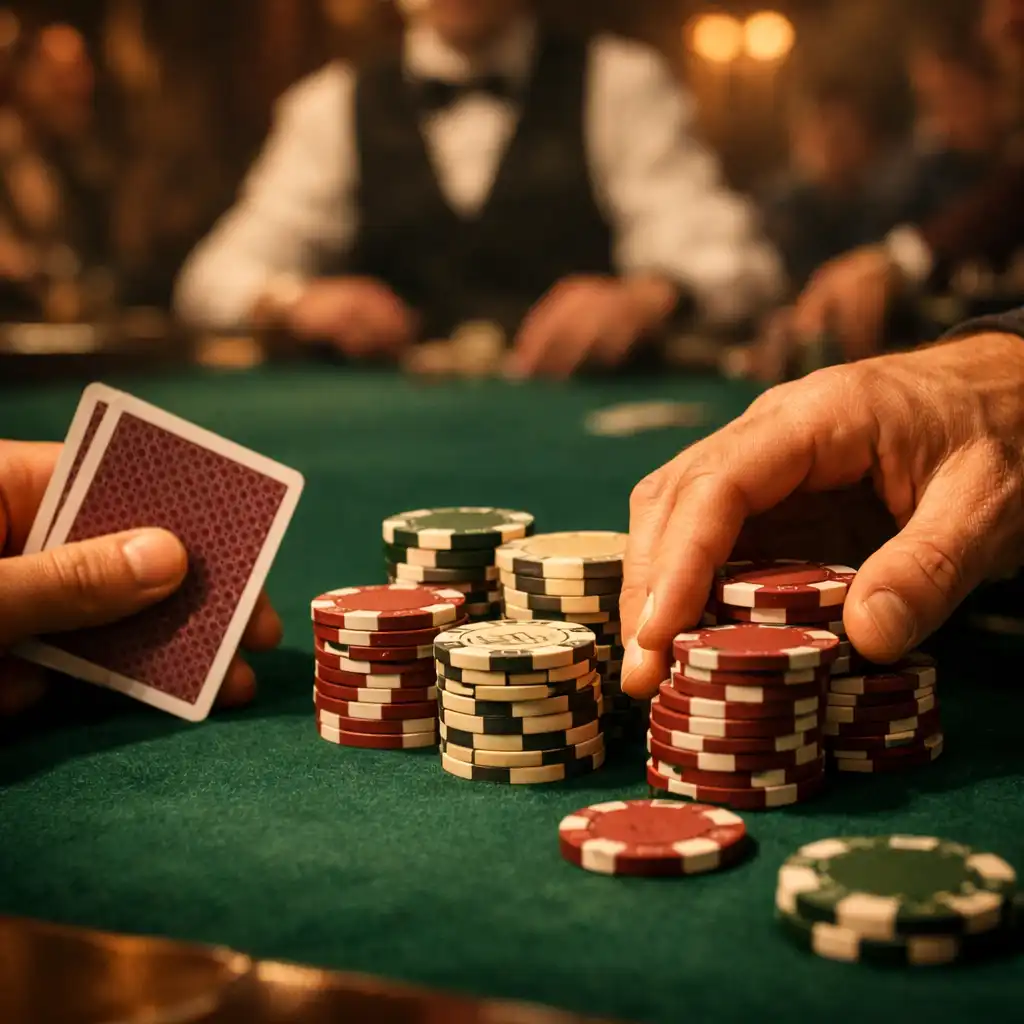 Gros plan sur une table de poker professionnelle avec jetons en terre cuite et cartes, ambiance chaleureuse
