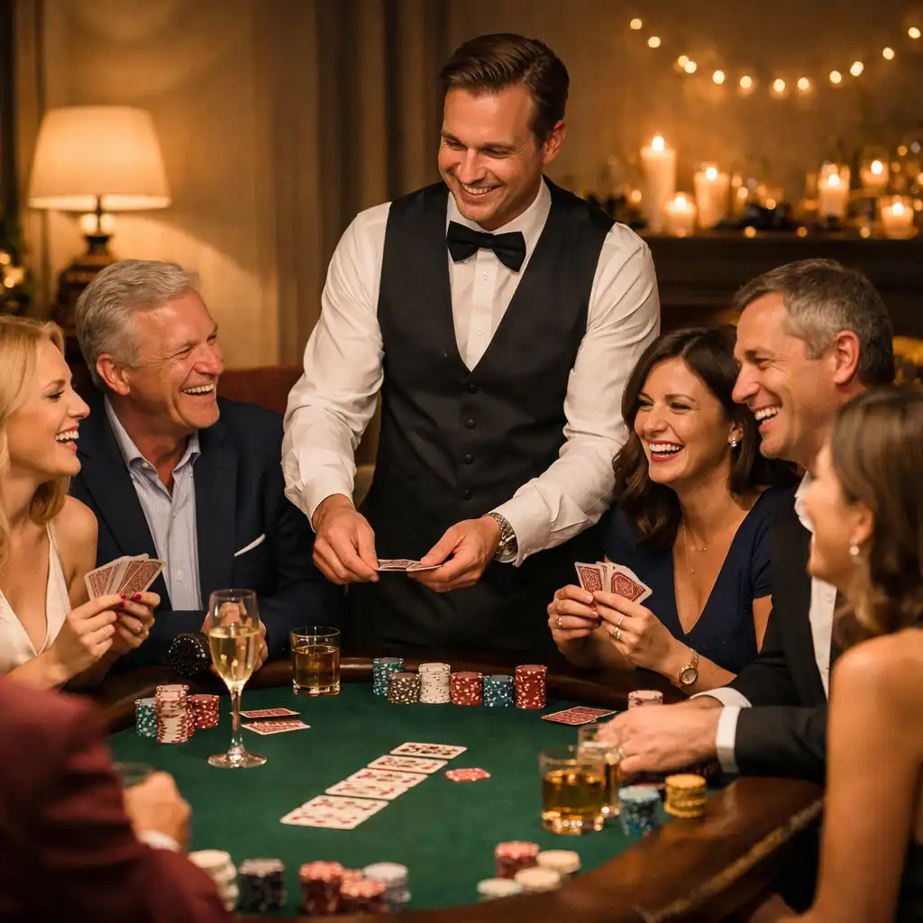 Groupe d'invités souriants autour d'une table de poker lors d'un événement privé élégant