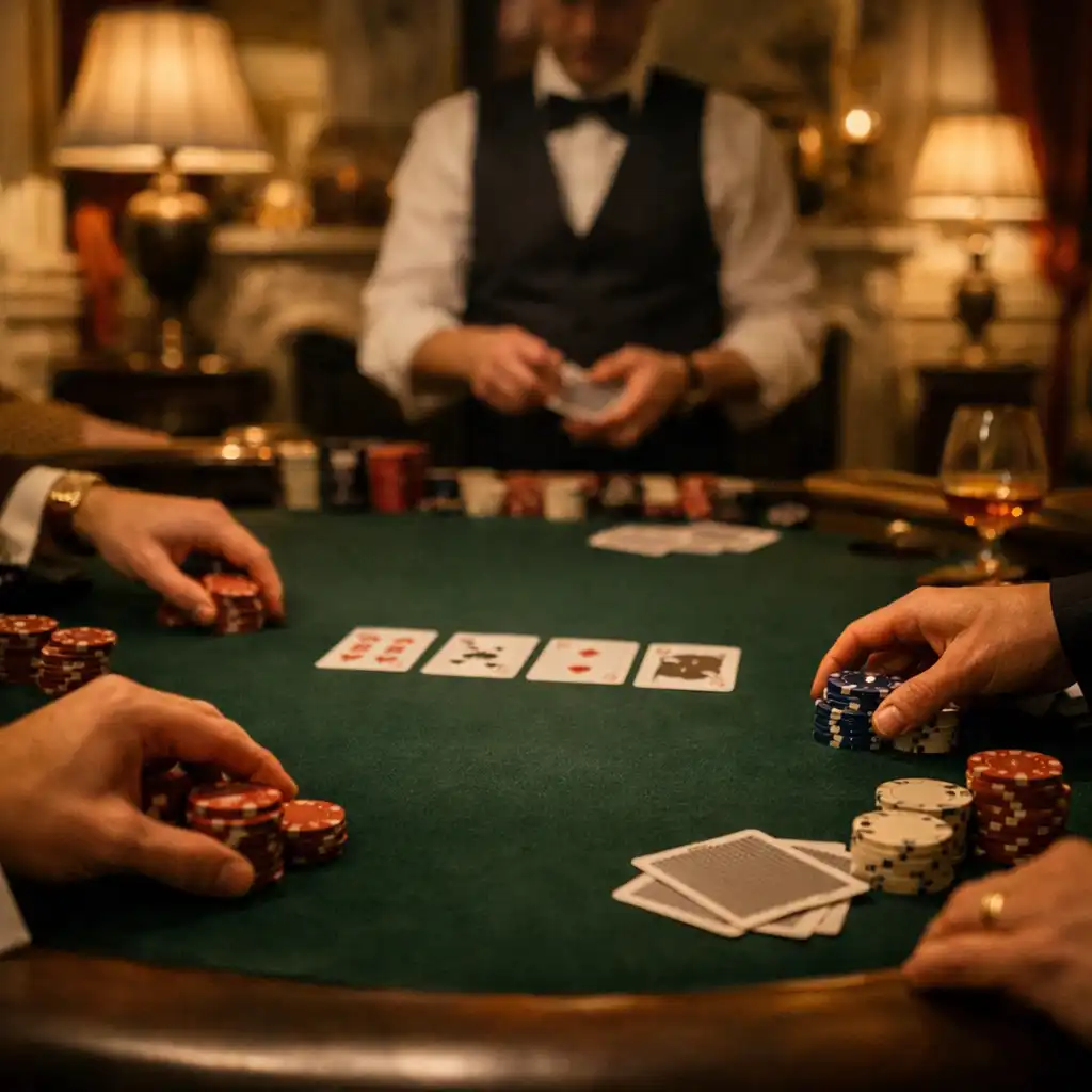 Table de poker élégante dans un salon parisien feutré, avec des mains de joueurs et un croupier en arrière-plan