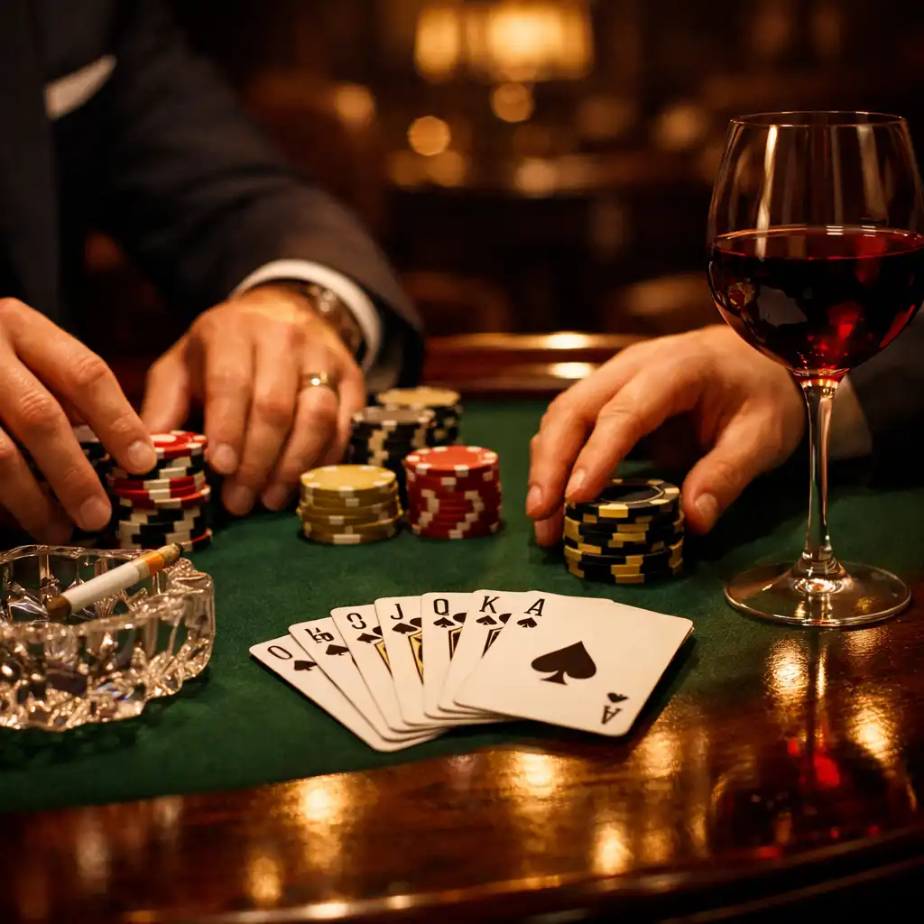 Gros plan sur une table de poker professionnelle avec des mains de joueurs, des jetons et des cartes dans une lumière tamisée.