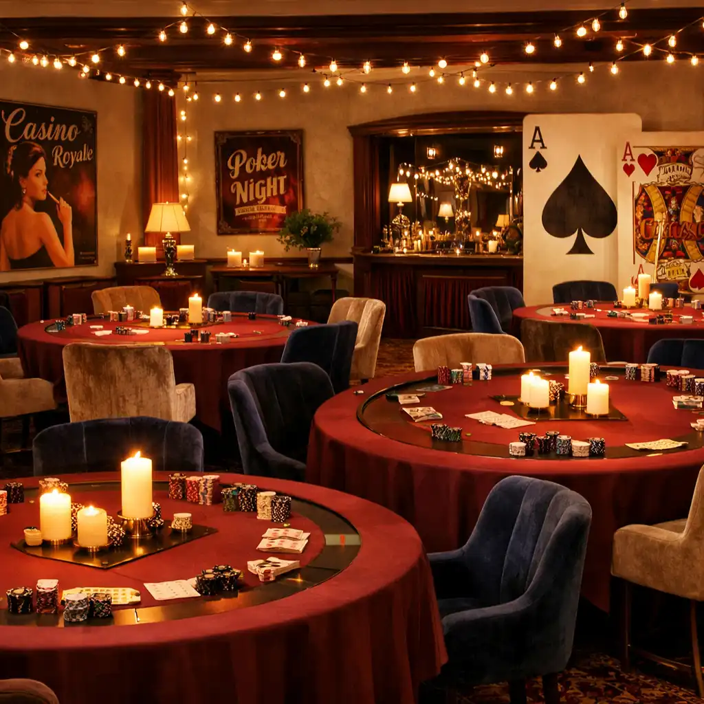 Salle de réception transformée en casino privé élégant avec tables de poker, guirlandes lumineuses et décoration vintage