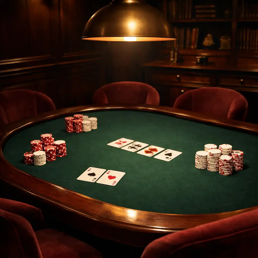 Table de poker élégante dans un card-room privé avec chaises en velours bordeaux et éclairage tamisé