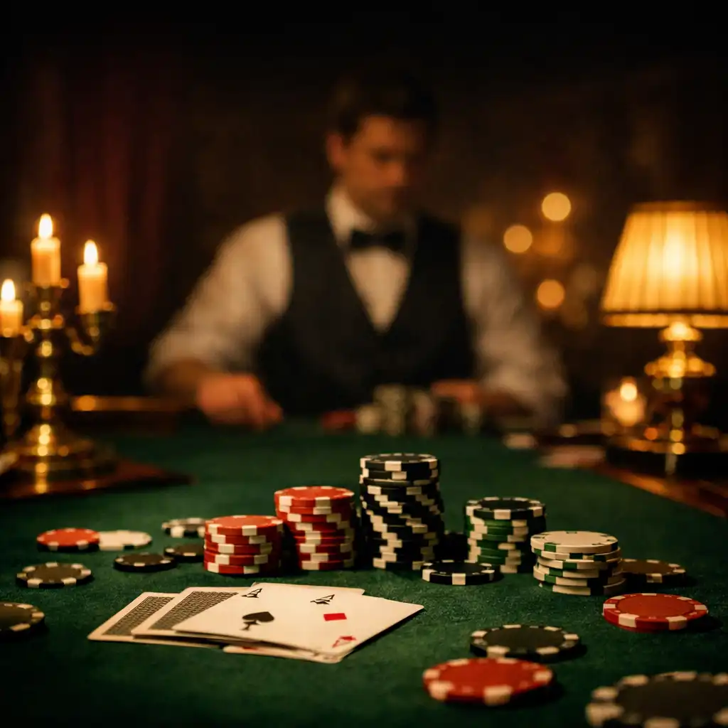 Table de poker élégante éclairée par des bougies, avec jetons et cartes dans une ambiance feutrée