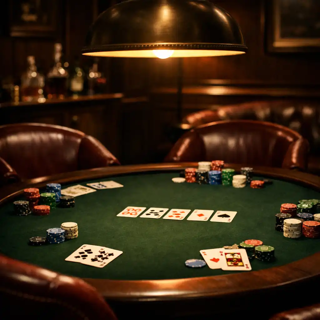 Table de poker professionnelle dans un salon privé élégant avec fauteuils en cuir bordeaux et suspension lumineuse
