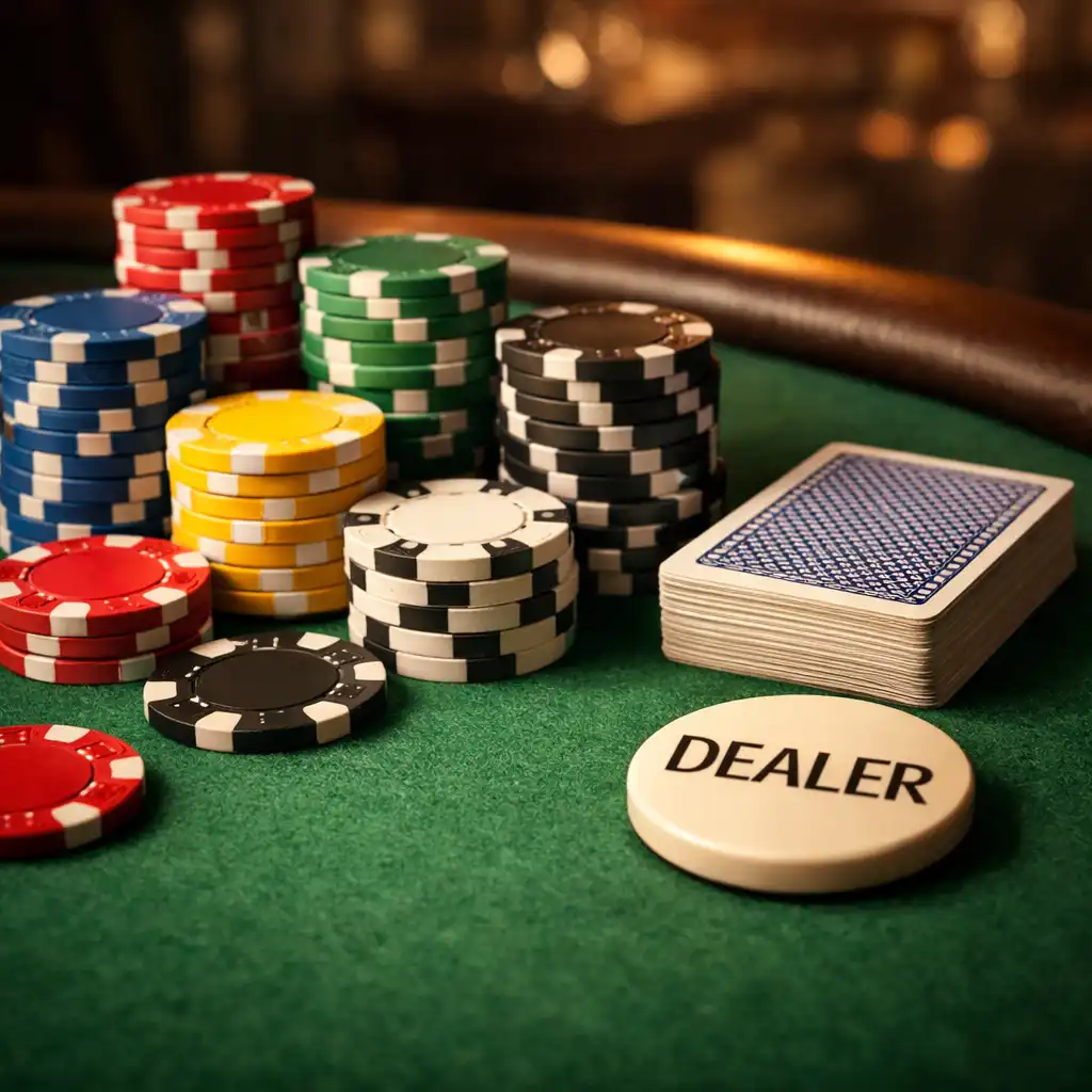 Gros plan sur une table de poker professionnelle avec jetons, cartes et bouton dealer