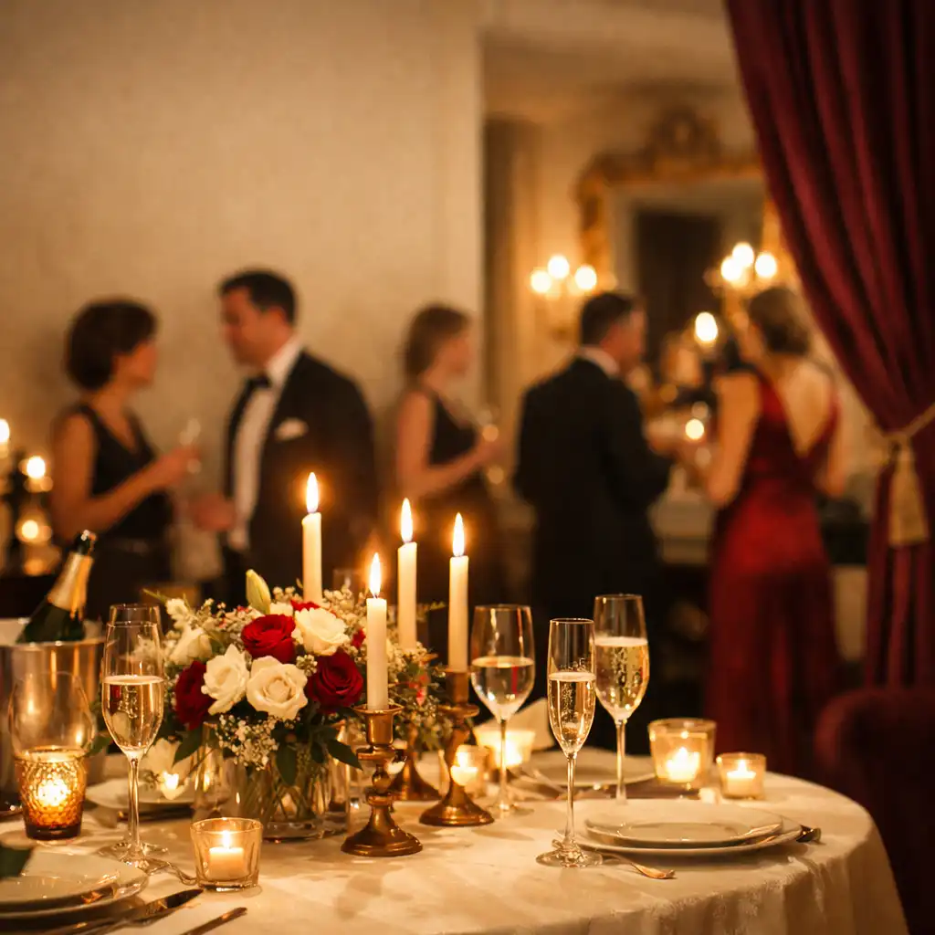 Table élégante avec bougies, verres à champagne et fleurs dans un salon parisien feutré