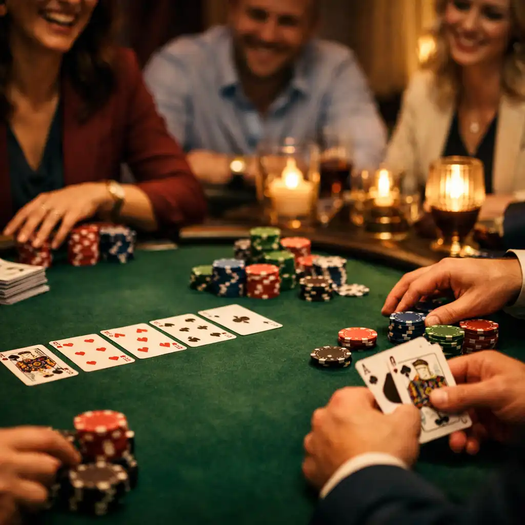 Table de poker élégante lors d’un team building, avec jetons colorés, cartes et participants souriants dans une lumière tamisée